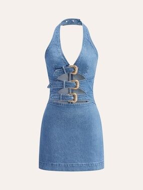 Commense Halter Neck Buckle Detail Denim Dress - Blue